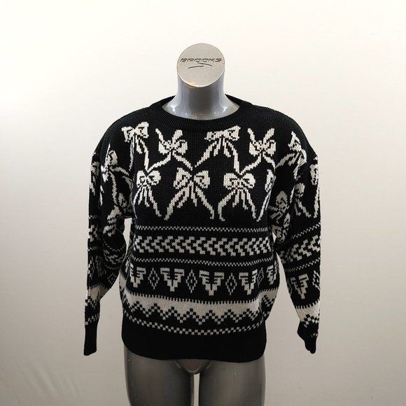 Imperial Crew Neck Sweater Women's size Small Black White bow Patterned - Picture 1 of 3